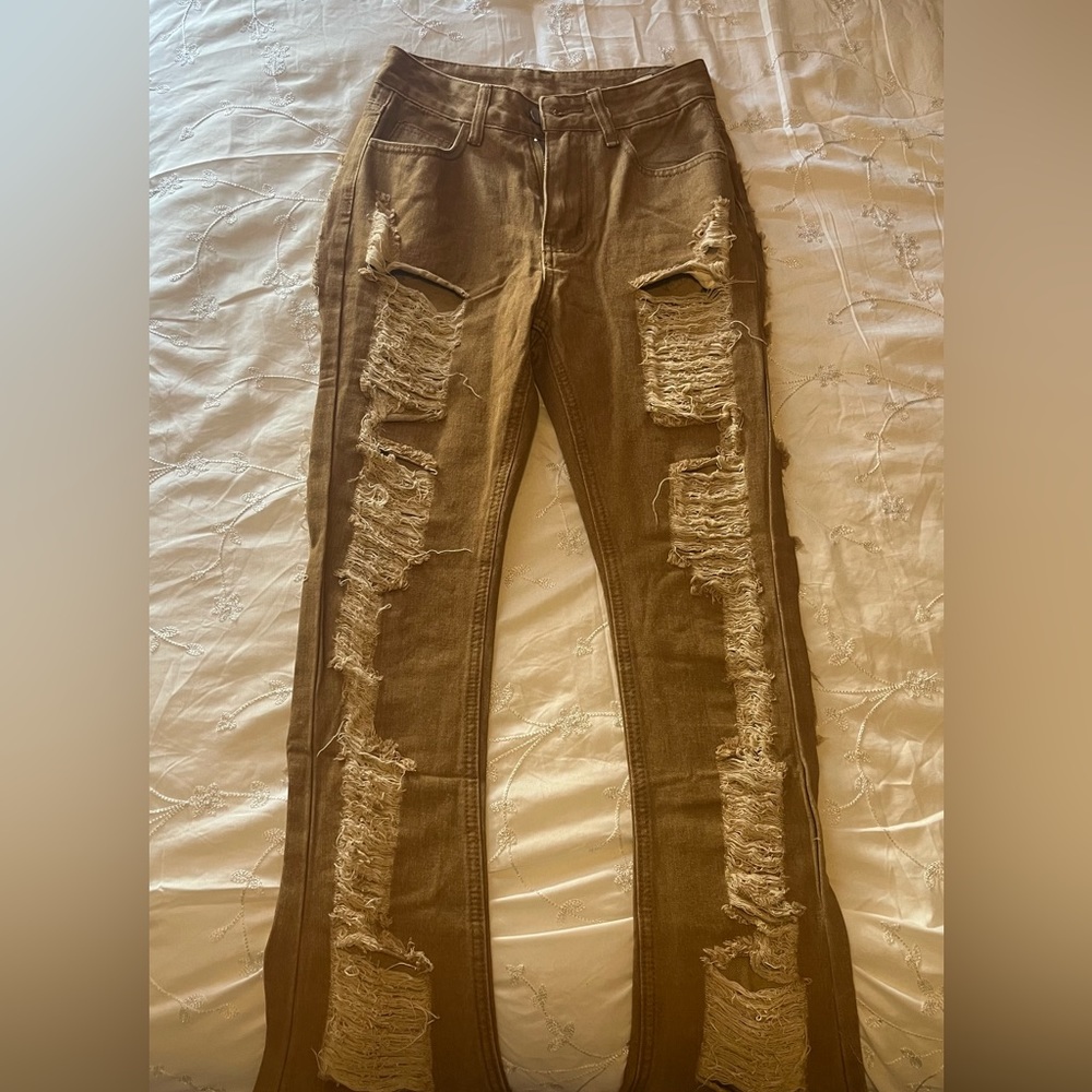 Khaki Distress flared long jeans. Size small/ from SHEIN.